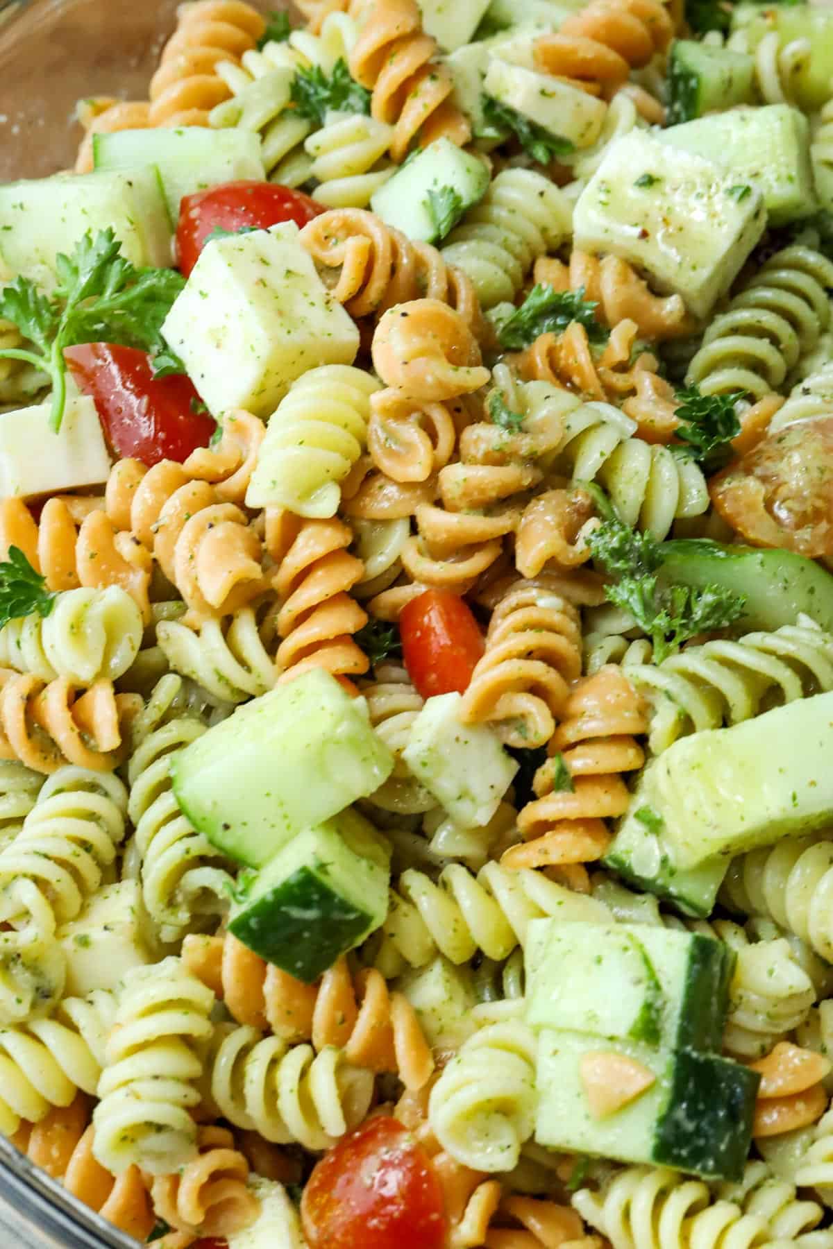 Pasta salad in clear bowl