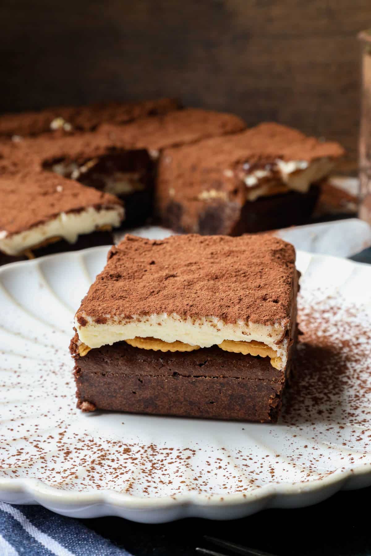 Tiramisu Brownies on white plate