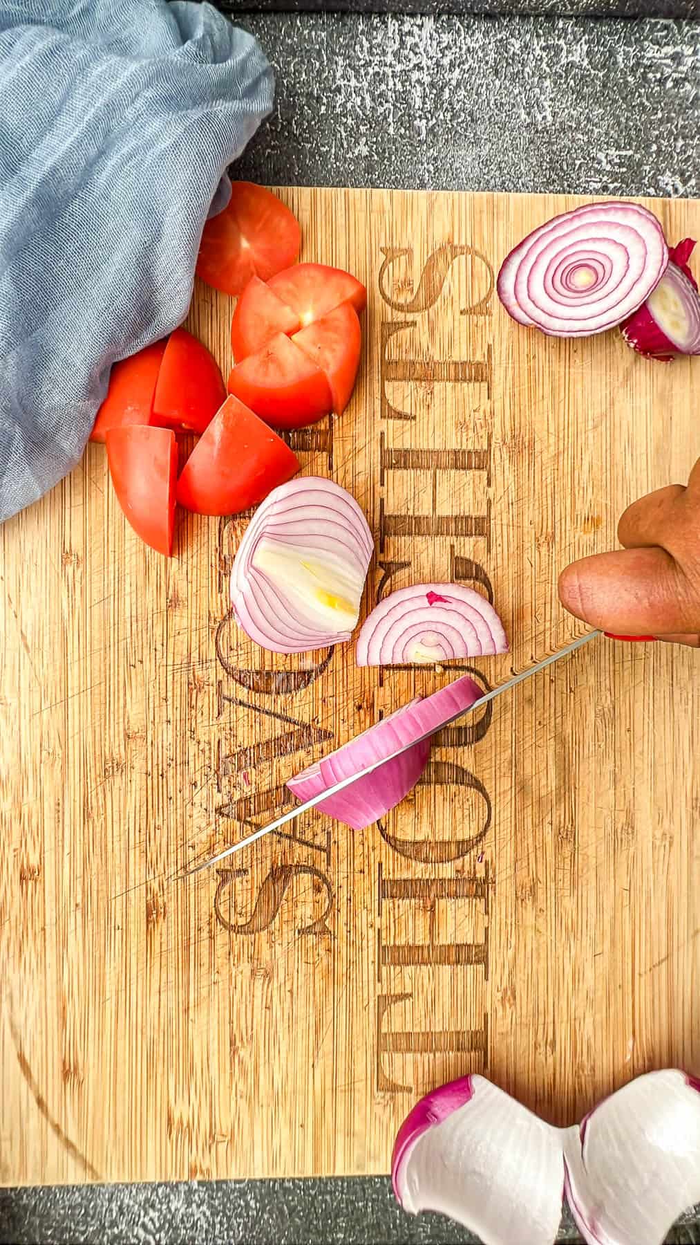 cutting onions and tomatoes