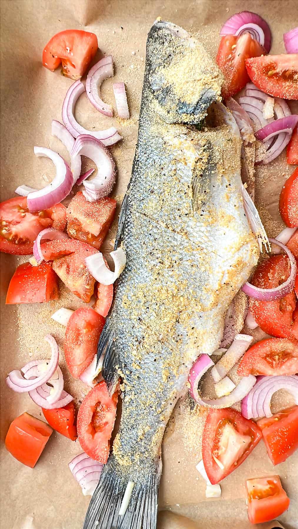 branzino fish on parchment paper with tomatoes and onions