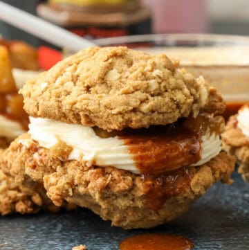 Browned Butter Oatmeal Cookies recipe with caramel drizzle