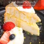 Angel Food Cake Recipe on black plate with fruits Pin