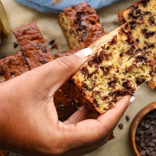 hand holding chocolate chip plantain bread