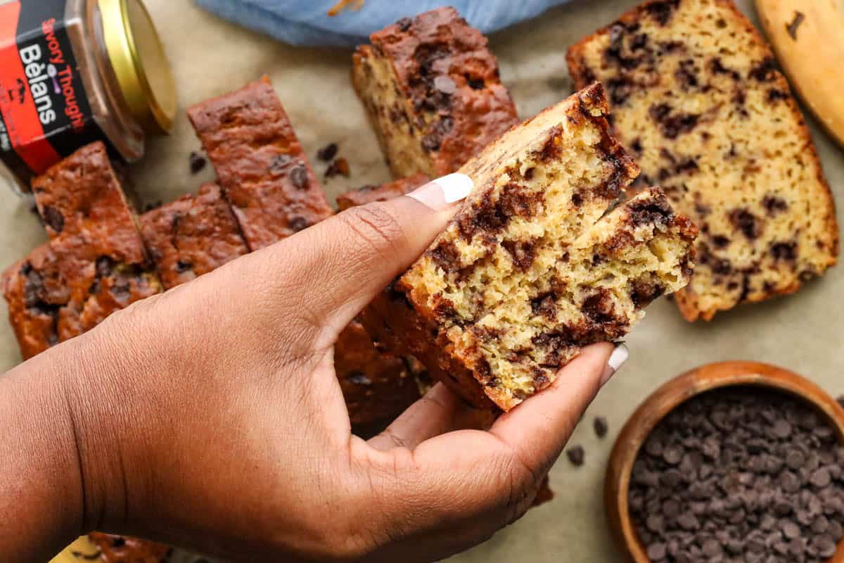 hand holding chocolate chip plantain bread