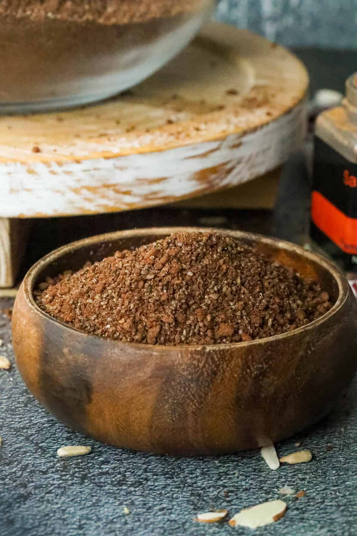 Homemade Chocolate Protein Powder in wooden bowl