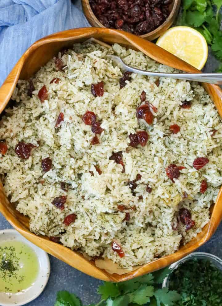 Lemon Dill Rice Recipe in a wooden bowl
