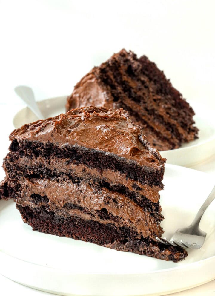 Death by chocolate cake in white plate.