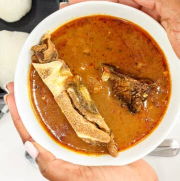 hands holding a bowl of palm nut soup