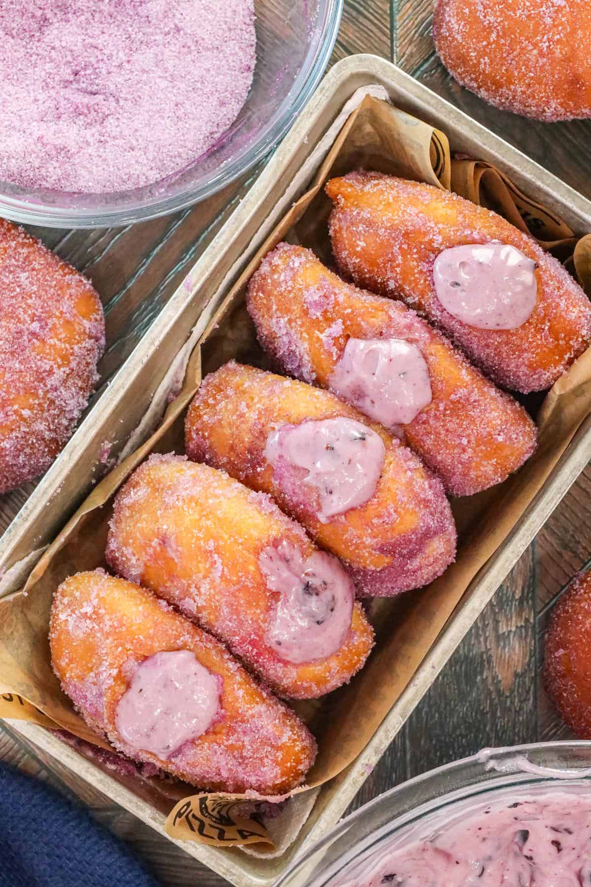 Dusted sugar FLUFFY BRIOCHE DONUTS with Blueberry Cream Cheese