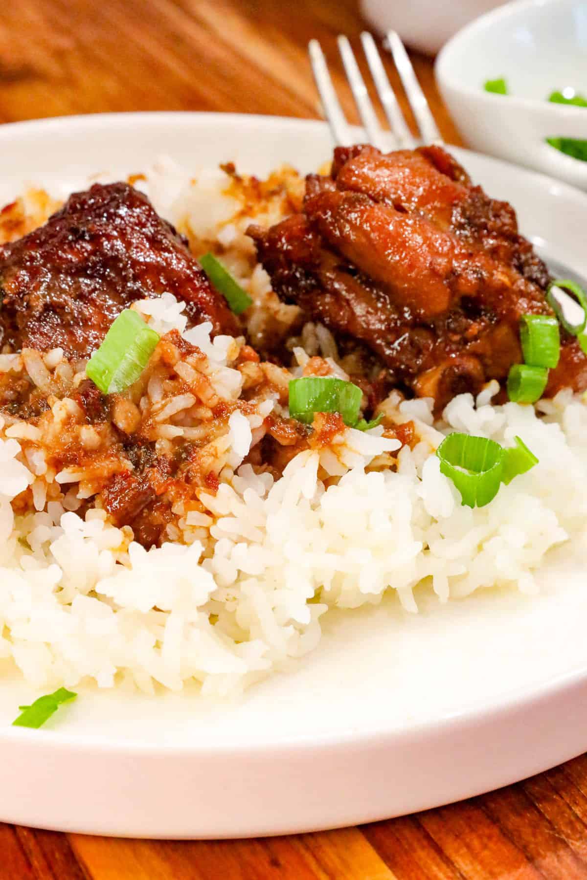 Bowl of Filipino Chicken Adobo with fluffy white rice.